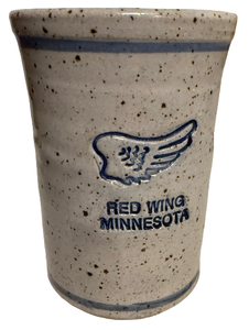 lot 79 image: Red Wing Pottery Utensil HolderVase Featuring Blue & Cream Speckled Design