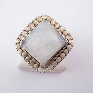 Rainbow Moonstone Ring - Sterling Silver, Square Cabochon