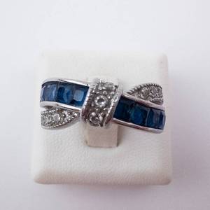 Blue & White Twist Silver Ring - Size 7.25