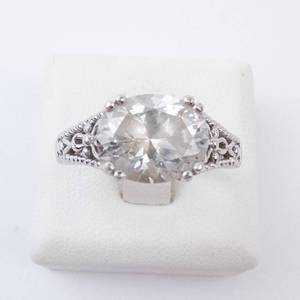 CZ Sterling Silver Ring Size 8 - Oval Center Stone, Vintage Filigree Band