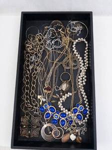 Assorted Jewelry Collection - Gold-Tone Chains, Blue Cabochon Necklace, Pearl Necklace