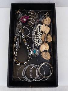 Costume Jewelry Set - Silver Tone Bangles, Pearl Necklaces, Gold Tone Leaf Earrings