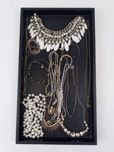 Costume Jewelry Necklaces Mix - Pearl Bead Strand, White Leaf Bib & Gold Chains