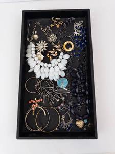 Costume Jewelry Tray - White Bead Necklace, Turquoise Pendant, Bangles