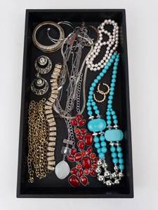 Costume Jewelry Assortment - Turquoise Bead Necklace, Pearl Strand, Red Gem Pendant & More