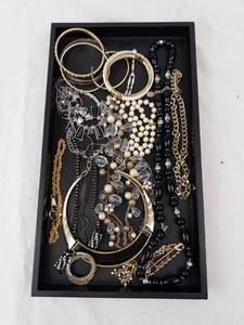 Assorted Gold-Tone Jewelry Tray - Bangles, Pearl Necklaces & Beads