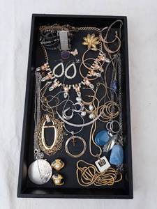 Costume Jewelry Lot - Gold & Silver Chains, Crystals, Pearl Accents, Blue Stone Pendants