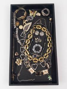 Assorted Costume Jewelry Gold-Tone Chains, Silver Rings, Earrings & Pins