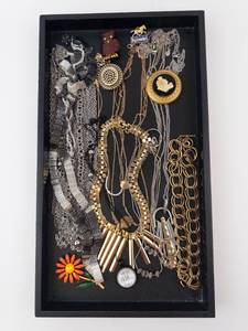Assorted Costume Jewelry - Gold Tone Chains, Cameos, Pins & Charms