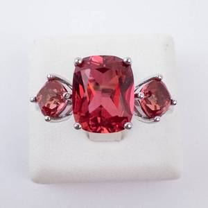 BBJ Sterling Silver Ring - Red Center Gemstone, Size 8.75