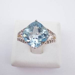 Blue Topaz & CZ Ring - Silver Tone, Size 7