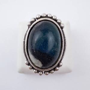 Sterling Silver Ring with Blue Resin Cabochon Bezel and Beaded Edge. Size 7.