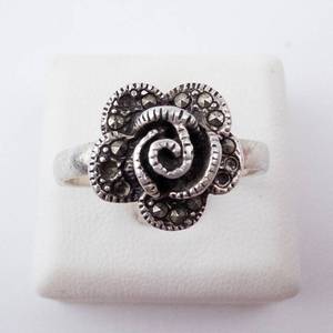 Marcasite Sterling Silver Rose Ring - Vintage Floral Band