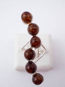 Amber Sterling Silver Ring - Cognac Amber Beads. Size 8.5.