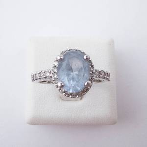 Aquamarine Halo Ring in Sterling Silver - Size 8 with CZ Accents
