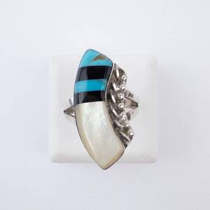 Native Ring - Turquoise, Mother of Pearl & Onyx Inlay, Size 6