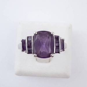 Amethyst Sterling Silver Ring - Size 8 - Cushion-Cut Center Stone with Accent Stones