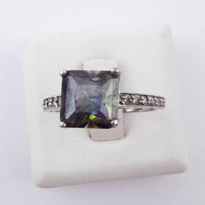 Mystic Topaz Sterling Silver Ring - Size 7 - Cushion Cut with Pav Band