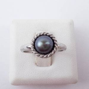 Ring - Black Tahitian Pearl, Sterling Silver, Rope Bezel, Size 5