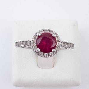Sterling Silver Ring - Lab-Grown Ruby & CZ, Size 8