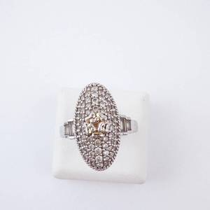 CZ Elongated Sterling Silver Ring - Size 8, Oval Pave Top with Gold-Tone Accent