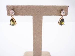 Vermeil Earrings - Round Clear CZ Top & Pear-Peridot Teardrop Drop