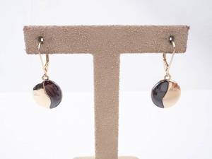 KC Two-Tone Disk Earrings - Black Enamel Half & Gold Tone, Lever-Back Drops