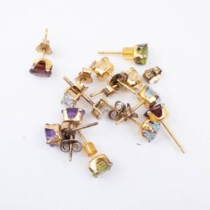 Vermeil Gemstone Earrings - 6 Pairs, Assorted Colors, Gold Tone Studs