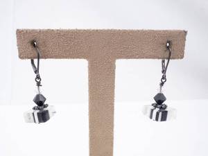 Dangle Earrings - Sterling Silver with Black Bead & White Stripe Crystal Cubes