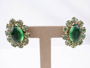 Weiss Clip-On Earrings Emerald Green Cabochon Halo of Green Crystals
