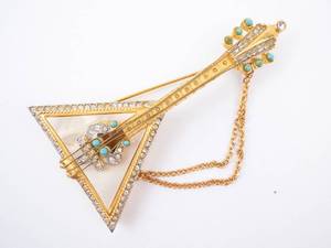 Guitar Pendant Necklace - Gold-Tone Triangle with Turquoise Cabochons