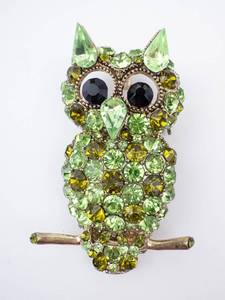 Owl Brooch - Green Rhinestones on Gold-Tone Metal