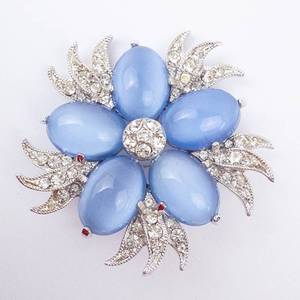 Sterling Silver Blue Cabochon Flower Brooch With Clear Crystal Accents