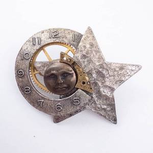Steampunk Starburst Brooch with Clock Dial Sun Face - Vintage Metal Pendant