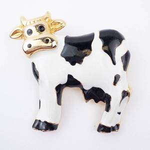Cow Enamel Brooch Pin - Black & White Body with Gold-Tone Head
