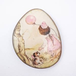 Hand-Painted Stone Brooch - Vintage Girl With Balloon & Dog Scene