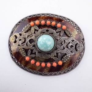 Turquoise Cabochon Brooch - Vintage Silver-Tone Filigree with Coral Bead Accents