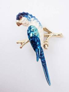 Blue Macaw Parrot Enamel Brooch - Gold Tone with Branch Accent