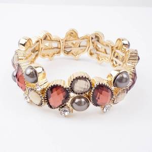 Bracelet - Gold-Tone Multi-Gem Cluster with Red Crystals, Gray Pearls