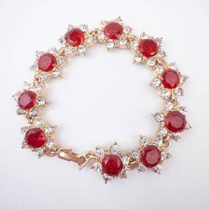 Bracelet - Gold-Tone Red Stone with Clear Crystals & Starburst Links