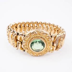 Italian Gold-Tone Bracelet with Green Gemstone Bezel - Vintage Engraved