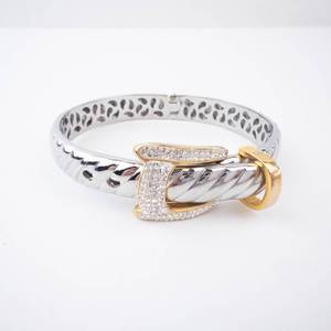 Two-Tone Stainless Steel Bracelet with Gold-Tone Belt Buckle Clasp & Pave Accents