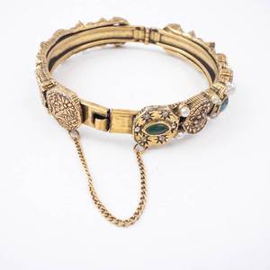 Vintage Gold-Tone Multi-Stone Hinged Bangle Bracelet with Pearl Accents