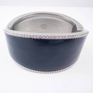 Cuff Bracelet - Black Enamel with Pav Crystals, Silver Tone