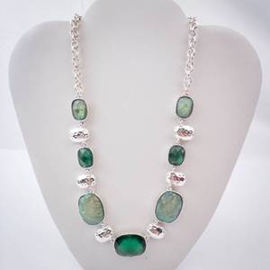 Green Stone Necklace in Silver Tone with Cushion-Cut Gemstones and Extender Chain