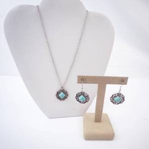 Turquoise Square Pendant Necklace & Matching Earrings Set - Silver Filigree