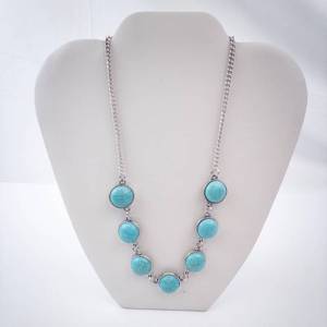 Turquoise Disc Necklace - Silver Tone Chain with Round Cabochons