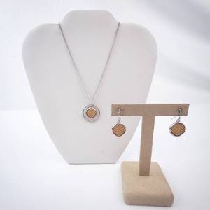 Silver Circle Pendant Necklace with Woven Brown Center - Matching Earrings Set