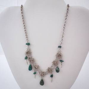 Silver-Tone Floral Necklace with Green Gemstone Drops