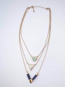 Layered Geometric Pendant Necklace - Rose Gold-Tone with Teal Arc, White Triangle, Blue V